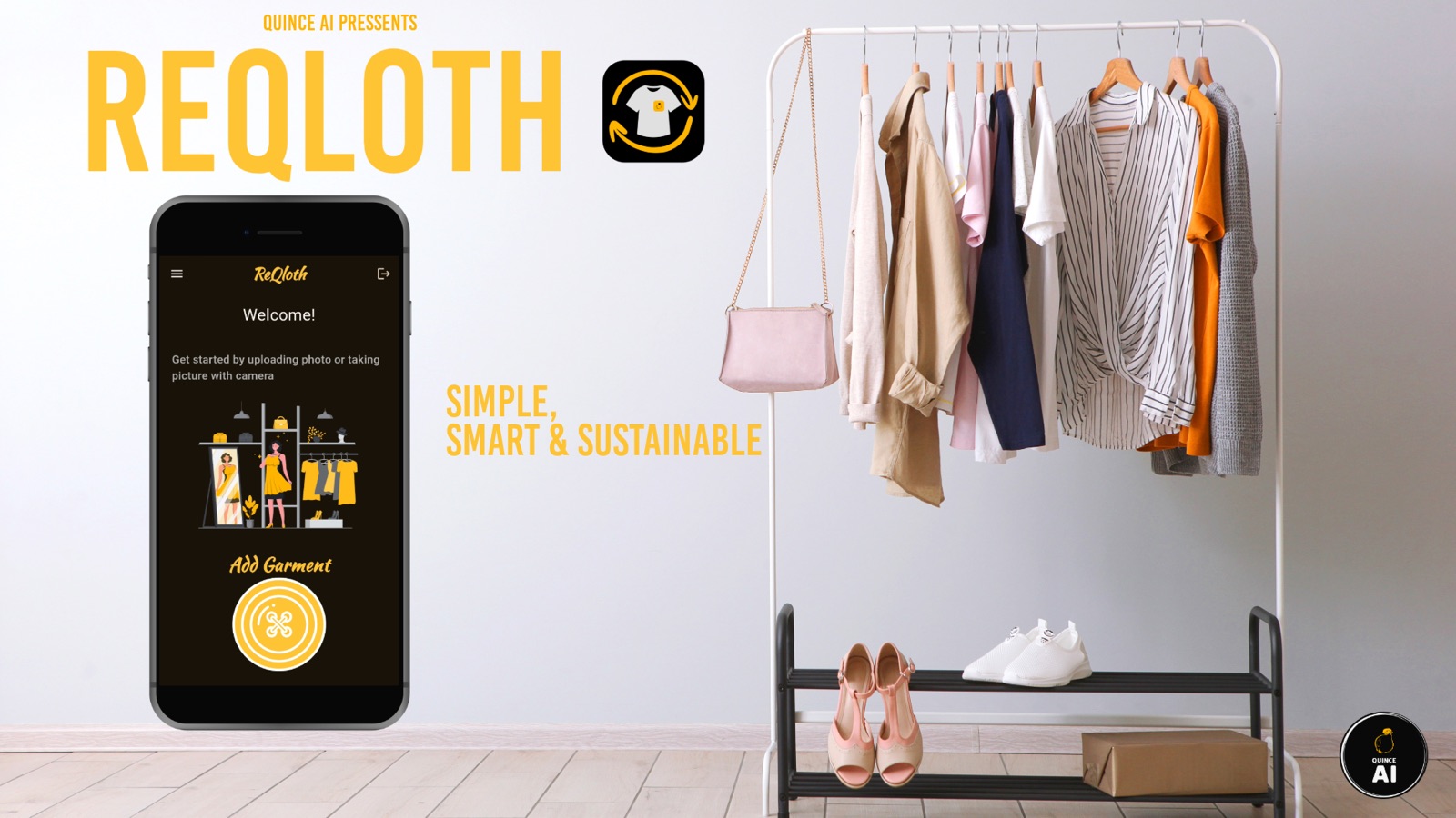 The ReQloth launch announcement: the app home screen on a phone beside a rail of hanging clothes, with the tagline simple, smart and sustainable.